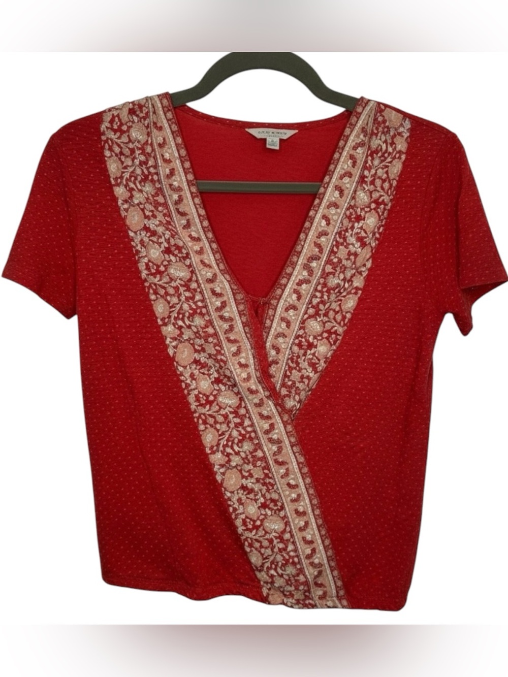 Lucky Brand Red Embroidered V-Neck Women's Top Snap Button on V-neck | FAIR UC